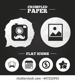 Crumpled paper speech bubble. Hipster retro photo camera with mustache icon. No flash light symbol. Landscape photo frame. Paper button. Vector