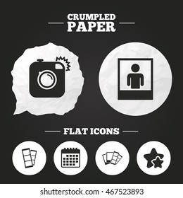 Crumpled paper speech bubble. Hipster photo camera icon. Flash light symbol. Photo booth strips sign. Human portrait photo frame. Paper button. Vector