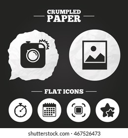 Crumpled paper speech bubble. Hipster retro photo camera icon. Autofocus zone symbol. Stopwatch timer sign. Landscape photo frame. Paper button. Vector