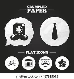 Crumpled paper speech bubble. Hipster photo camera. Mustache with beard icon. Glasses and tie symbols. Bicycle family vehicle sign. Paper button. Vector