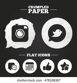 Crumpled paper speech bubble. Hipster photo camera icon. Like and Chat speech bubble sign. Bird symbol. Paper button. Vector
