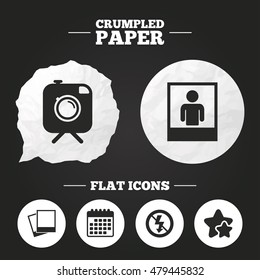 Crumpled paper speech bubble. Hipster retro photo camera with mustache icon. No flash light symbol. Human selfie portrait photo frame. Paper button. Vector