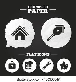 Crumpled paper speech bubble. Home key icon. Wrench service tool symbol. Locker sign. Main page web navigation. Paper button. Vector
