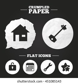 Crumpled paper speech bubble. Home key icon. Wrench service tool symbol. Locker sign. Main page web navigation. Paper button. Vector