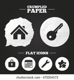 Crumpled paper speech bubble. Home key icon. Wrench service tool symbol. Locker sign. Main page web navigation. Paper button. Vector