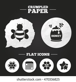 Crumpled paper speech bubble. Honey icon. Honeycomb cells with bees symbol. Sweet natural food signs. Paper button. Vector