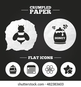 Crumpled paper speech bubble. Honey icon. Honeycomb cells with bees symbol. Sweet natural food signs. Paper button. Vector