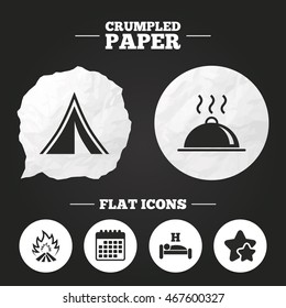 Crumpled paper speech bubble. Hot food, sleep, camping tent and fire icons. Hotel or bed and breakfast. Road signs. Paper button. Vector