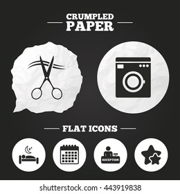Crumpled paper speech bubble. Hotel services icons. Washing machine or laundry sign. Hairdresser or barbershop symbol. Reception registration table. Quiet sleep. Paper button. Vector