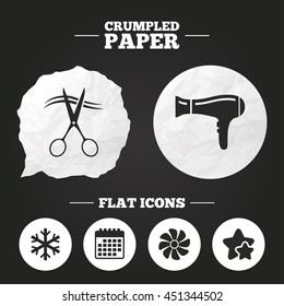 Crumpled paper speech bubble. Hotel services icons. Air conditioning, Hairdryer and Ventilation in room signs. Climate control. Hairdresser or barbershop symbol. Paper button. Vector