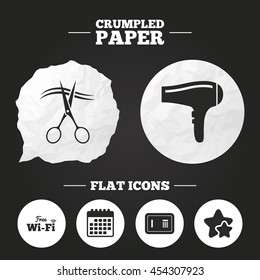 Crumpled paper speech bubble. Hotel services icons. Wi-fi, Hairdryer and deposit lock in room signs. Wireless Network. Hairdresser or barbershop symbol. Paper button. Vector