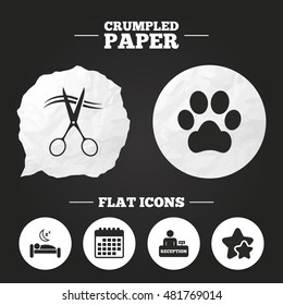 Crumpled paper speech bubble. Hotel services icons. With pets allowed in room signs. Hairdresser or barbershop symbol. Reception registration table. Quiet sleep. Paper button. Vector