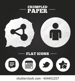 Crumpled paper speech bubble. Human person and share icons. Speech bubble symbols. Communication signs. Paper button. Vector