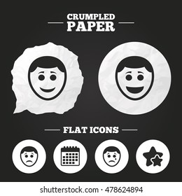 Crumpled paper speech bubble. Human smile face icons. Happy, sad, cry signs. Happy smiley chat symbol. Sadness depression and crying signs. Paper button. Vector