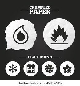 Crumpled paper speech bubble. HVAC icons. Heating, ventilating and air conditioning symbols. Water supply. Climate control technology signs. Paper button. Vector