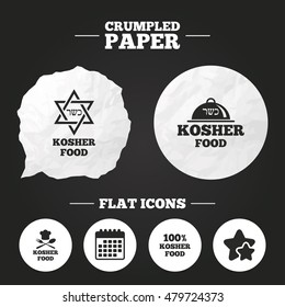 Crumpled paper speech bubble. Kosher food product icons. Chef hat with fork and spoon sign. Star of David. Natural food symbols. Paper button. Vector