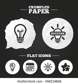 Crumpled paper speech bubble. Lamp bulb with cogwheel gear symbols. Idea and success sign. Paper button. Vector