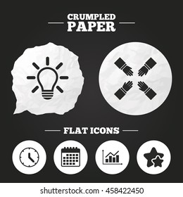 Crumpled paper speech bubble. Lamp idea and clock time icons. Graph chart diagram sign. Teamwork symbol. Paper button. Vector