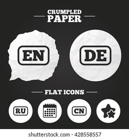Crumpled paper speech bubble. Language icons. EN, DE, RU and CN translation symbols. English, German, Russian and Chinese languages. Paper button. Vector
