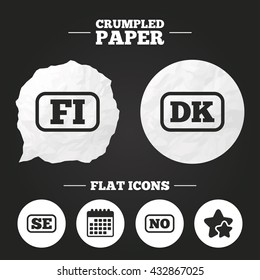 Crumpled paper speech bubble. Language icons. FI, DK, SE and NO translation symbols. Finland, Denmark, Sweden and Norwegian languages. Paper button. Vector