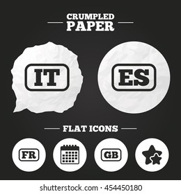 Crumpled paper speech bubble. Language icons. IT, ES, FR and GB translation symbols. Italy, Spain, France and England languages. Paper button. Vector