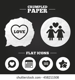 Crumpled paper speech bubble. Lesbians couple sign. Speech bubble with heart icon. Female love female. Heart symbol. Paper button. Vector
