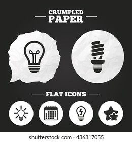 Crumpled paper speech bubble. Light lamp icons. Fluorescent lamp bulb symbols. Energy saving. Idea and success sign. Paper button. Vector
