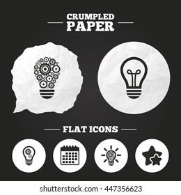 Crumpled paper speech bubble. Light lamp icons. Lamp bulb with cogwheel gear symbols. Idea and success sign. Paper button. Vector