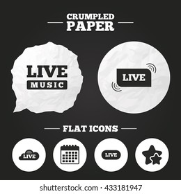 Crumpled paper speech bubble. Live music icons. Karaoke or On air stream symbols. Cloud sign. Paper button. Vector