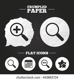 Crumpled paper speech bubble. Magnifier glass icons. Plus and minus zoom tool symbols. Search information signs. Paper button. Vector
