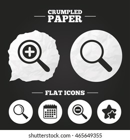 Crumpled paper speech bubble. Magnifier glass icons. Plus and minus zoom tool symbols. Search information signs. Paper button. Vector