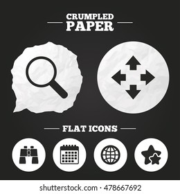 Crumpled paper speech bubble. Magnifier glass and globe search icons. Fullscreen arrows and binocular search sign symbols. Paper button. Vector