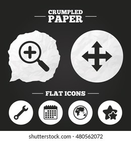 Crumpled paper speech bubble. Magnifier glass and globe search icons. Fullscreen arrows and wrench key repair sign symbols. Paper button. Vector