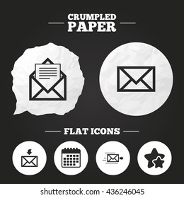 Crumpled paper speech bubble. Mail envelope icons. Message document delivery symbol. Post office letter signs. Inbox and outbox message icons. Paper button. Vector