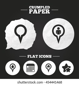 Crumpled paper speech bubble. Map circle pointer icons. Home, food and user location symbols. Restaurant and cupcake signs. You are here. Paper button. Vector
