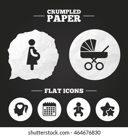 Crumpled paper speech bubble. Maternity icons. Baby infant, pregnancy and buggy signs. Baby carriage pram stroller symbols. Head with heart. Paper button. Vector