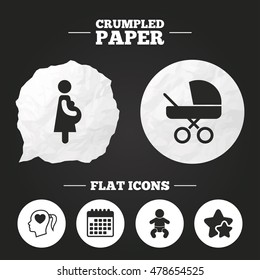 Crumpled paper speech bubble. Maternity icons. Baby infant, pregnancy and buggy signs. Baby carriage pram stroller symbols. Head with heart. Paper button. Vector