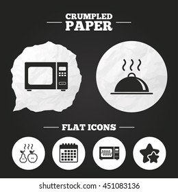 Crumpled paper speech bubble. Microwave grill oven icons. Cooking apple and pear signs. Food platter serving symbol. Paper button. Vector