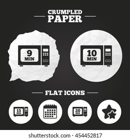 Crumpled paper speech bubble. Microwave oven icons. Cook in electric stove symbols. Heat 9, 10, 15 and 20 minutes signs. Paper button. Vector