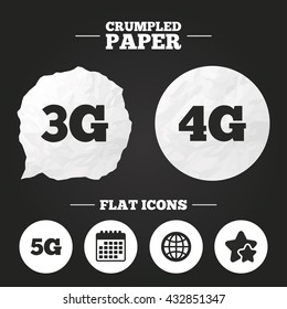 Crumpled paper speech bubble. Mobile telecommunications icons. 3G, 4G and 5G technology symbols. World globe sign. Paper button. Vector