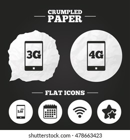 Crumpled paper speech bubble. Mobile telecommunications icons. 3G, 4G and LTE technology symbols. Wi-fi Wireless and Long-Term evolution signs. Paper button. Vector