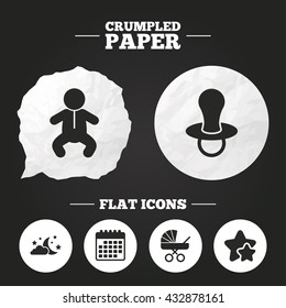 Crumpled paper speech bubble. Moon and stars symbol. Baby infants icon. Buggy and dummy signs. Child pacifier and pram stroller. Paper button. Vector