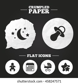 Crumpled paper speech bubble. Moon and stars symbol. Baby infants icon. Buggy and dummy signs. Child pacifier and pram stroller. Paper button. Vector