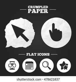 Crumpled paper speech bubble. Mouse cursor and hand pointer icons. Hourglass and magnifier glass navigation sign symbols. Paper button. Vector