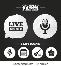 Crumpled paper speech bubble. Musical elements icons. Microphone and Live music symbols. Paid music and acoustic guitar signs. Paper button. Vector