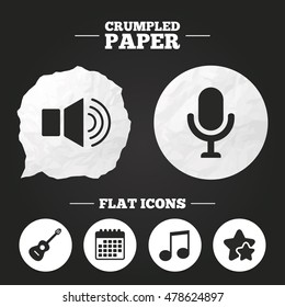 Crumpled paper speech bubble. Musical elements icons. Microphone and Sound speaker symbols. Music note and acoustic guitar signs. Paper button. Vector