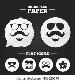 Crumpled paper speech bubble. Mustache and Glasses icons. Hipster with beard symbols. Facial hair signs. Paper button. Vector