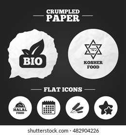 Crumpled paper speech bubble. Natural Bio food icons. Halal and Kosher signs. Gluten free and star of David symbols. Paper button. Vector