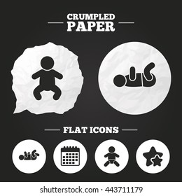 Crumpled paper speech bubble. Newborn icons. Baby infant or toddler symbols. Child silhouette. Paper button. Vector