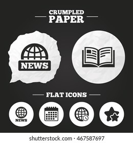 Crumpled paper speech bubble. News icons. World globe symbols. Open book sign. Education literature. Paper button. Vector